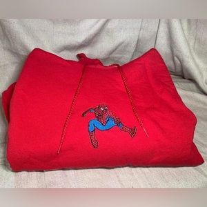 Embroidered Spider Man on red Hanes EcoSmart hoody. Size large.